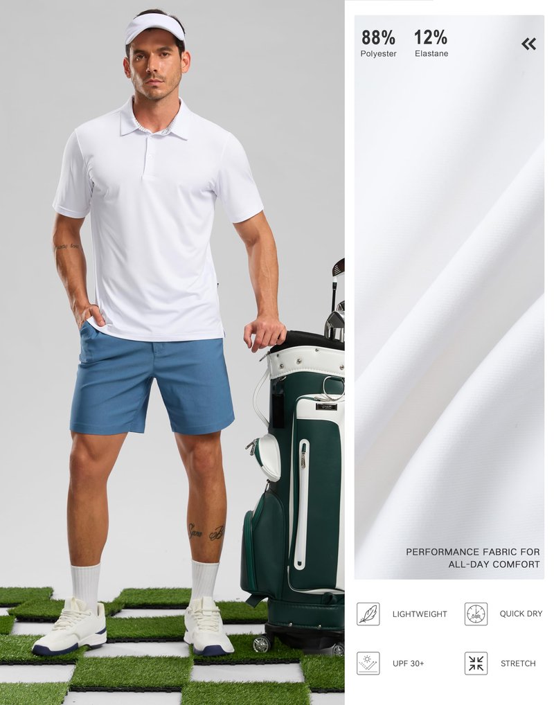 Golf Shirts Heather Polo Short Sleeve Dry Fit Lightweight Moisture Wicking Collared Shirts Casual Athletic Business (White, XL)