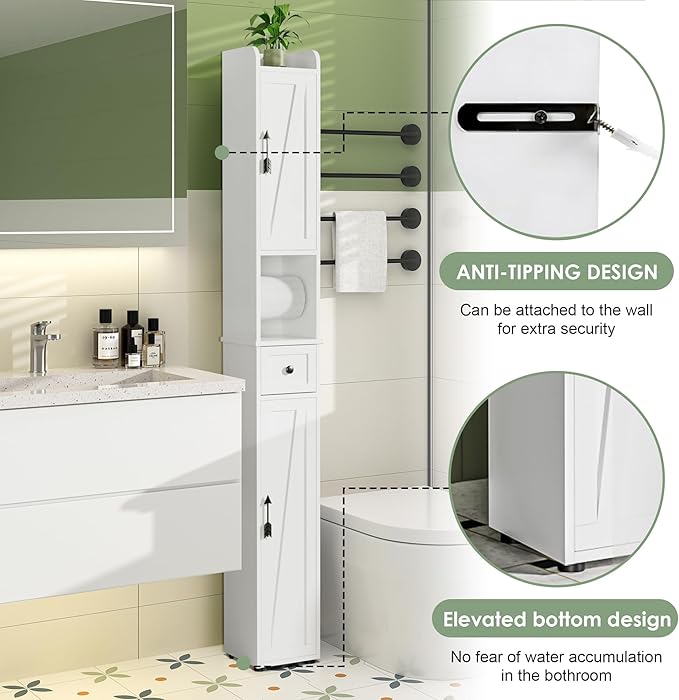 VECELO Tall Narrow Storage Cabinet with Adjustable Shelves, Slim Freestanding Bathroom Cabinet with Toilet Paper Holder, 2 Magnetic Doors & Drawer, for Small Spaces, 7.9" D x 7.9" W x 67" H, White