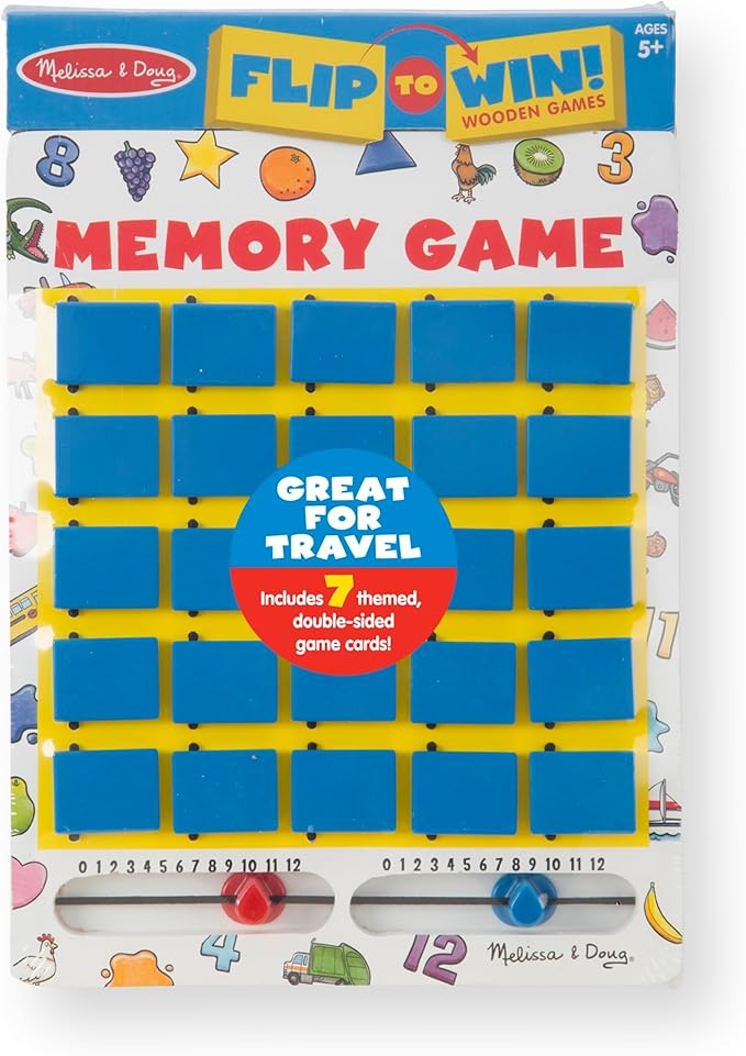 Melissa & Doug Flip to Win Travel Memory Game - Wooden Game Board, 7 Double-Sided Cards Road Trip Essentials for Kids, Hangman for Kids, Memory Toy for Toddlers and 5+