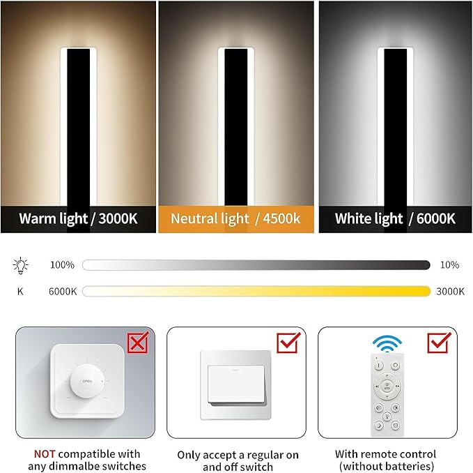 Mikeru Modern Wall Light, 3000k-6000k Dimmable Sconce 23.6inch Black Exterior Light With Remote Control, IP65 Waterproof Anti-Rust Linear Long Porch Light Outdoor