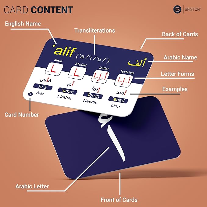 Briston Arabic Alphabet Flash Cards with Audio – 40 Durable Water-Resistant Cards with Transliteration, Pronunciation Guide & Learning Chart – Learn to Read and Write Letters for Kids, Students Adults