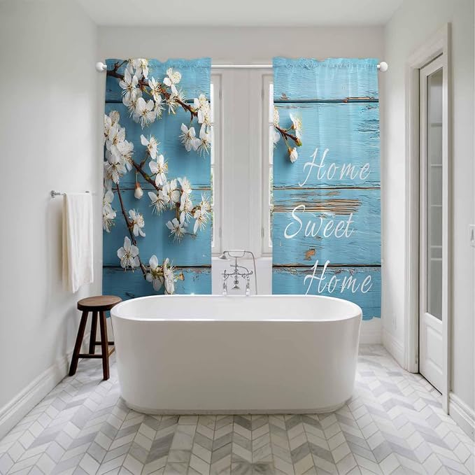 Farmhouse Wooden Grain Kitchen Curtains, Vintage Shabby Chic Flower Blue Light