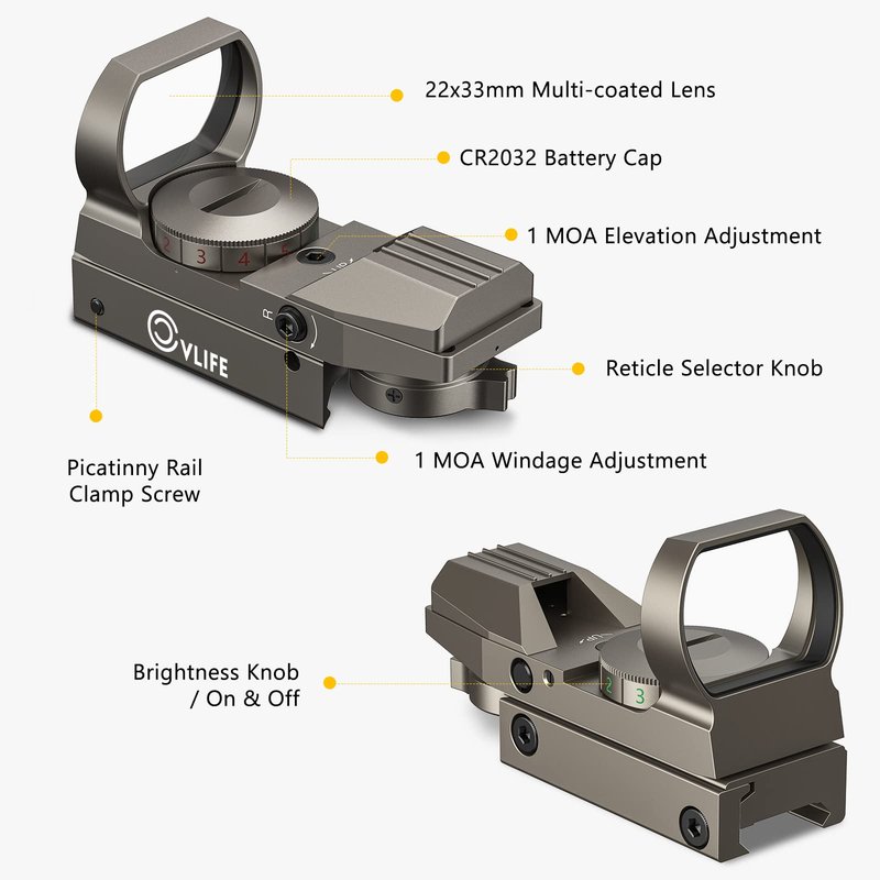 CVLIFE Red Dot Sight, Red Green Reflex Sight with 4 Adjustable Reticles for 20mm Rail, Grey
