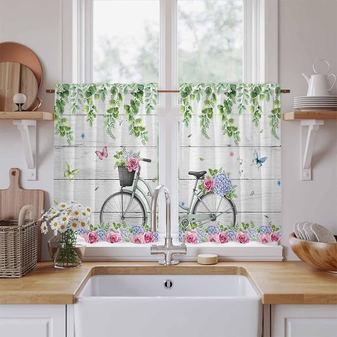 Spring Kitchen Curtains, Bicycles Botanical Rose Leaves Butterfly Wood Grain