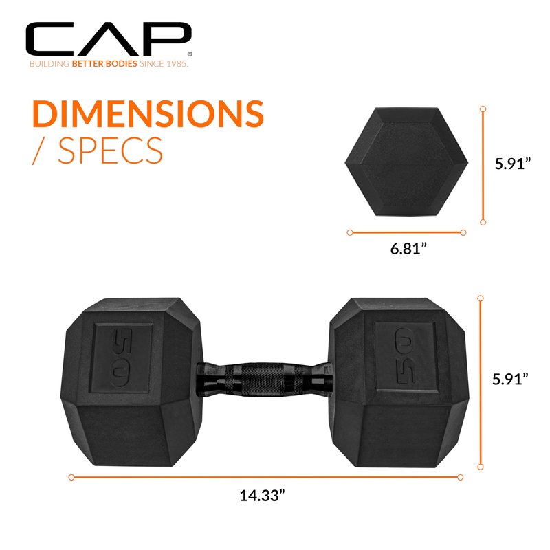 CAP 50 LB Rubber Coated Hex Dumbbell Weight, Rubber Free Weights for Home Gym Strength Training, Black Oxide Handle, Pair