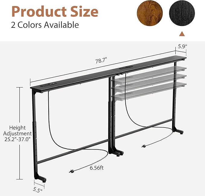 GRLEAF 2 Pack Adjustable Height Narrow Console Table with Power Outlets, 78.7" Long Sofa Table with Charging Station Behind Couch Table Skinny Entryway Table for Living Room and Hallway – Black
