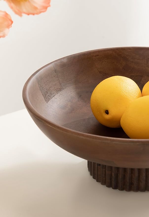 Kate and Laurel Rooks Modern Decorative Ribbed Wood Bowl, 12 Inch Diameter, Walnut Brown, Transitional Raised Fruit Bowl for Kitchen Counter or Use as Living Room or Entryway Table Decor