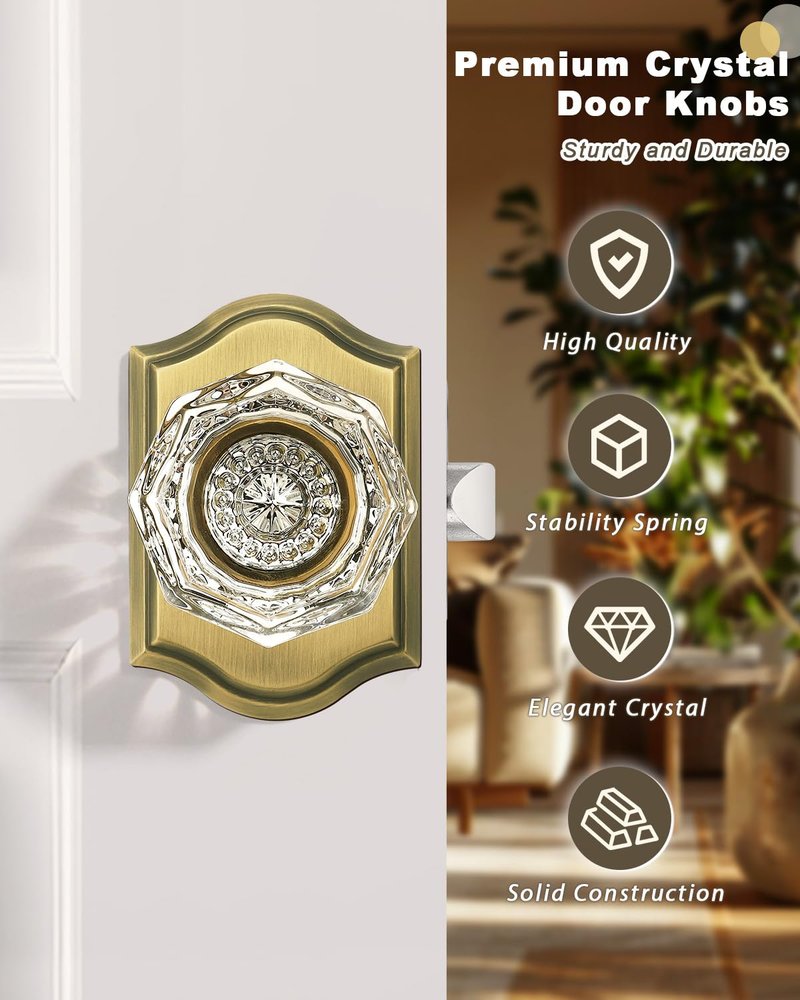 Gobrico Transparent Glass Door Knobset Interior,Privacy Diamond Crystal Door Lockset in Antique Brass,Keyless for Interior Bath/Bed,Push Pin Button Inside Lock?1 Pack