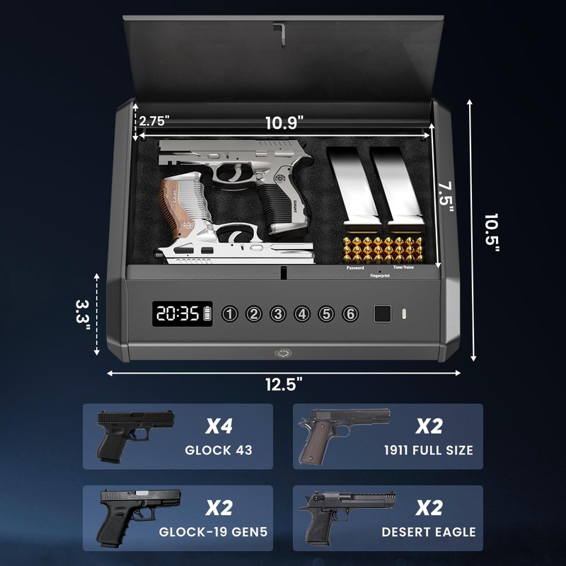 Biometric Gun Safe for Pistols Handgun Safe with Fingerprint Digital PIN Key Gun Lock Box Storage for Home Bedroom Bedside Nightstand and Car, 5-Ways unlock with Emergency Power Supply