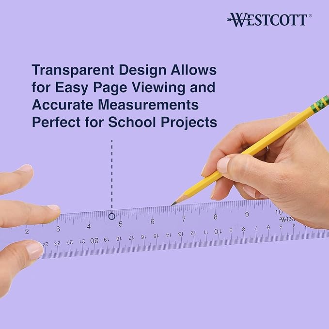 Westcott Acrylic Clear Ruler, Easy-to-Read Markings, Scratch-Resistant Design, Raised Beveled Edges, for Crafting, Office, Classroom, Back to School, School Supplies, 12-Inch