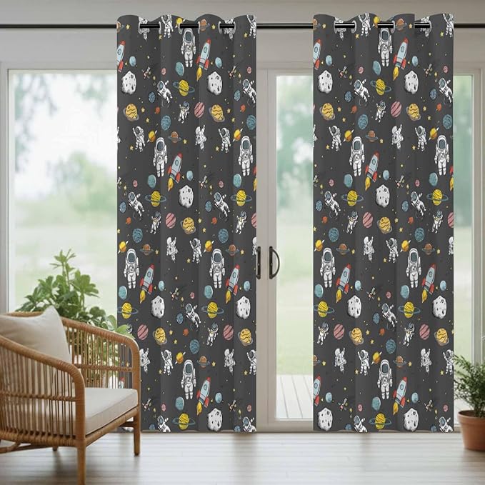 Cartoon Space Outdoor Curtains for Patio Rockets Planets Astronauts Gray