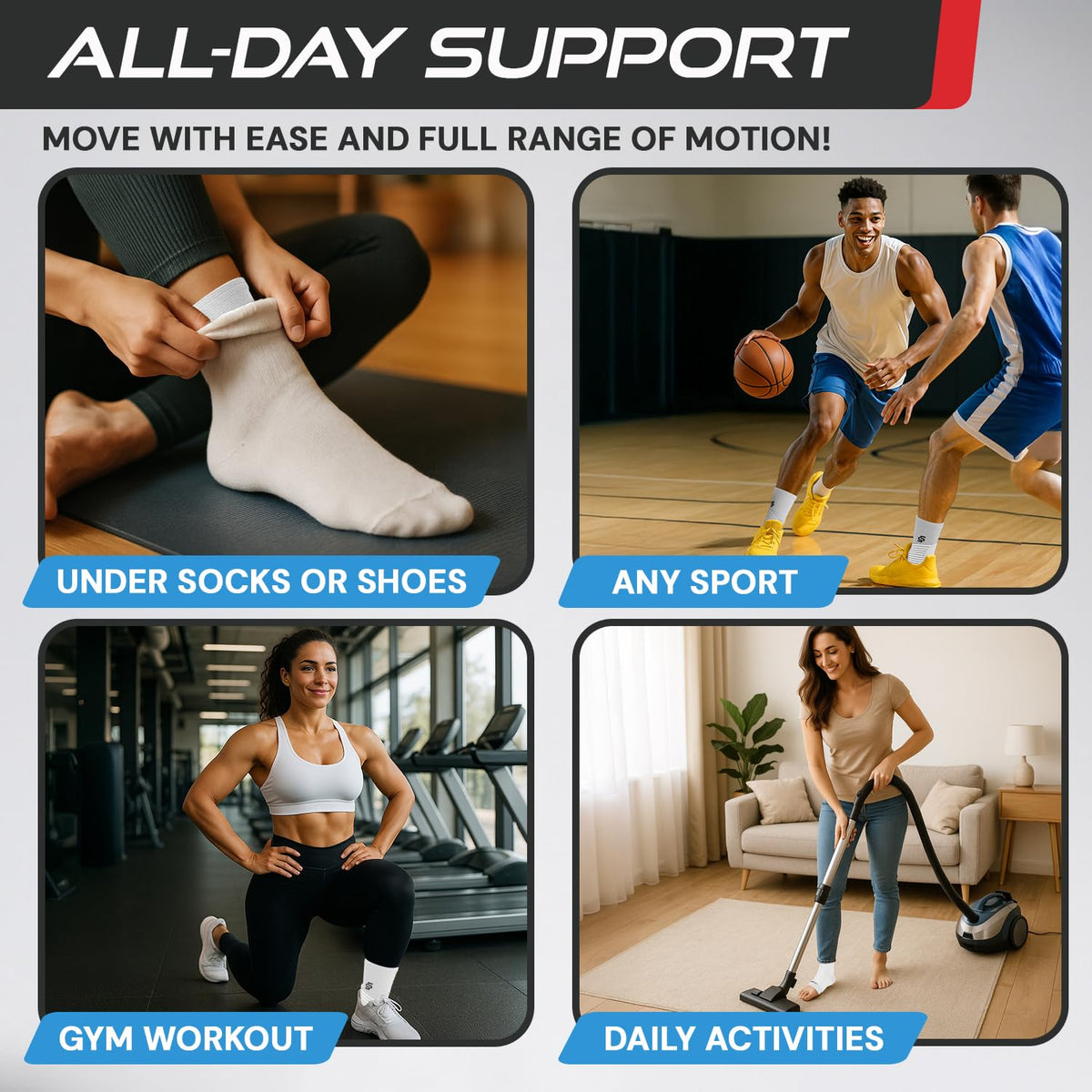 Sleeve Stars Ankle Brace for Women & Men, Ankle Wrap for Sprain, Compression Sleeve for Plantar Fasciitis Relief, Easy Customizable Support: w/ Removable Strap (Pair/M:10"-12"/White)