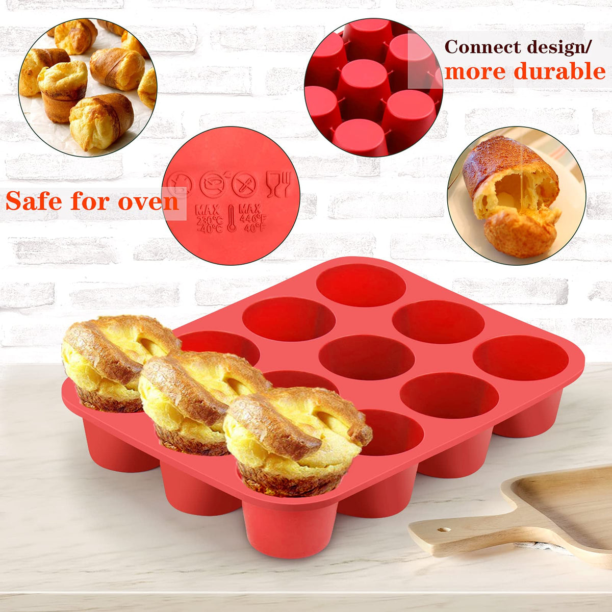 Vodolo 12-Cup Silicone Professional Non-Stick Popover Pans for Muffins, Brownies and Baking