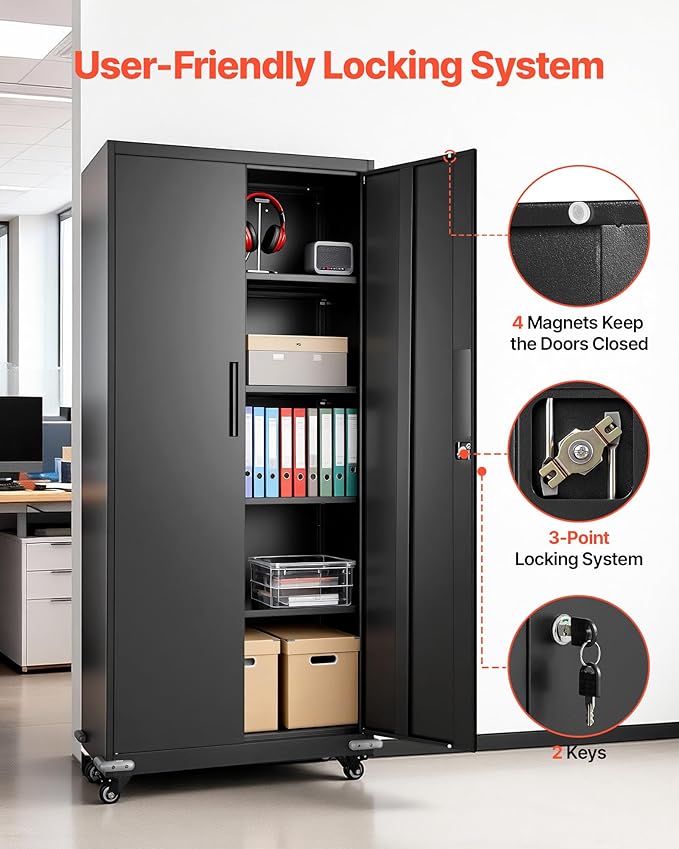 VEVOR Metal Storage Cabinet, 72.6 in Rolling Steel Garage Cabinet with 4 Adjustable Shelves, 2 Magnetic Doors & 2 Keys, 5 Tiers Lockable Tool Storage for Pantry, Warehouse, Basement, Office, Black