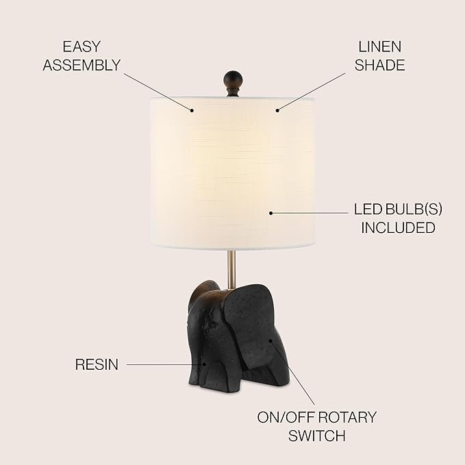 JONATHAN Y 17.5" Black Elephant Kids Table Lamp, Whimsical Resin Bedside Lamp with White Linen Drum Shade for Bedroom Playroom Nursery, LED Bulb Included, UL Listed JYL1143A
