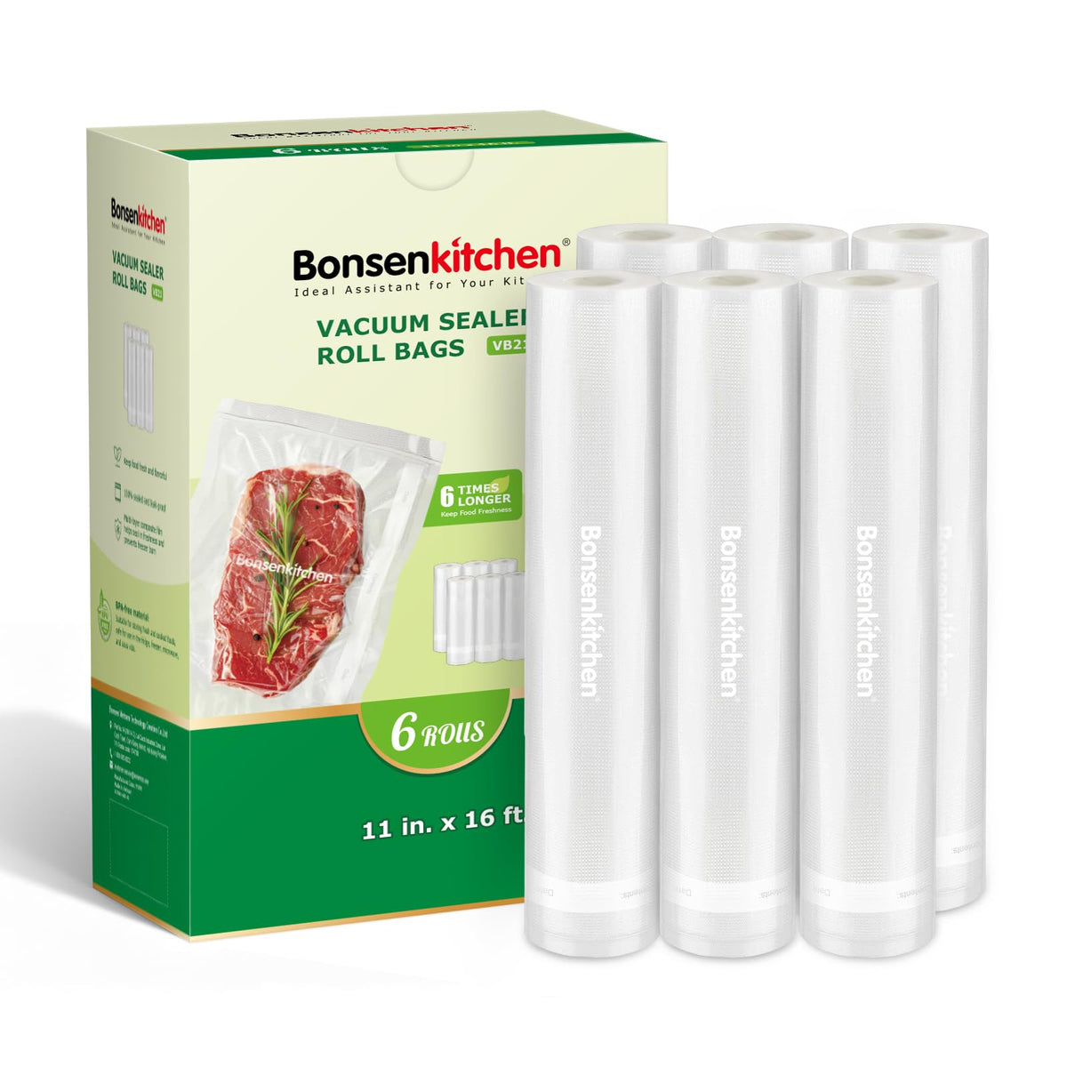 Bonsenkitchen 6 Rolls 11" x 16' Vacuum Sealer Bags for Food with Color Box