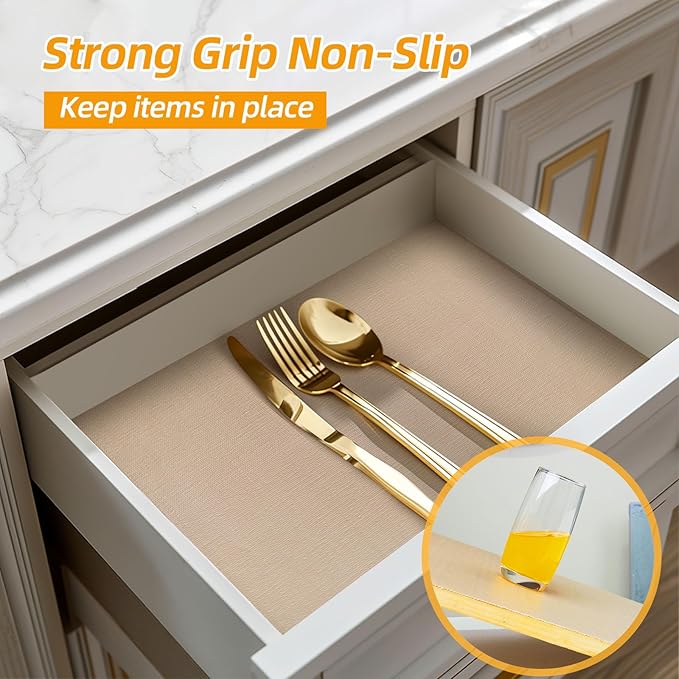 Shelf and Drawer Liner for Kitchen Cabinets Non-Adhesive, Strong Grip Non-Slip Thickened Cabinet Liners for Shelves, Waterproof Mats for Dresser Cupboard, Khaki, 17 in x 20 Feet
