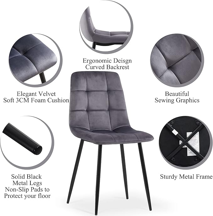 Dining Chair Set of 4,Modern Home Chair Upholstered Velvet Armless Chair,Elegant Velvet Kitchen Chair Plaid Tufted Pattern with Black Metal Legs for Vanity,Dining Room,Grey