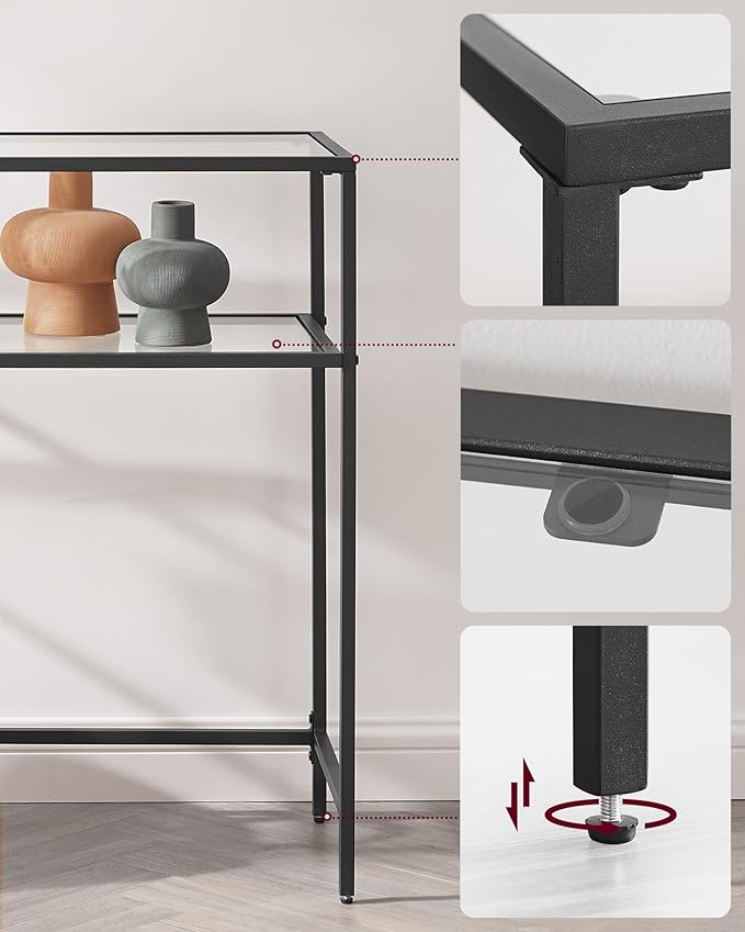 VASAGLE 39.4 Inch Console Sofa Table, Modern Entryway Table, Tempered Glass Table, Metal Frame, 2 Shelves, Adjustable Feet, for Living Room, Hallway, Black ULGT025B01