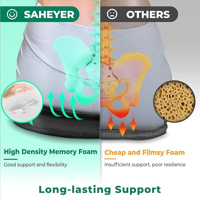 SAHEYER Donut Pillow for Tailbone Pain, Memory Foam Hemorrhoids Pillow for Sciatica Nerve, Sciatica Hip Coccyx Seat Cushion for Long Sitting Office Workers, Car Drivers, Black