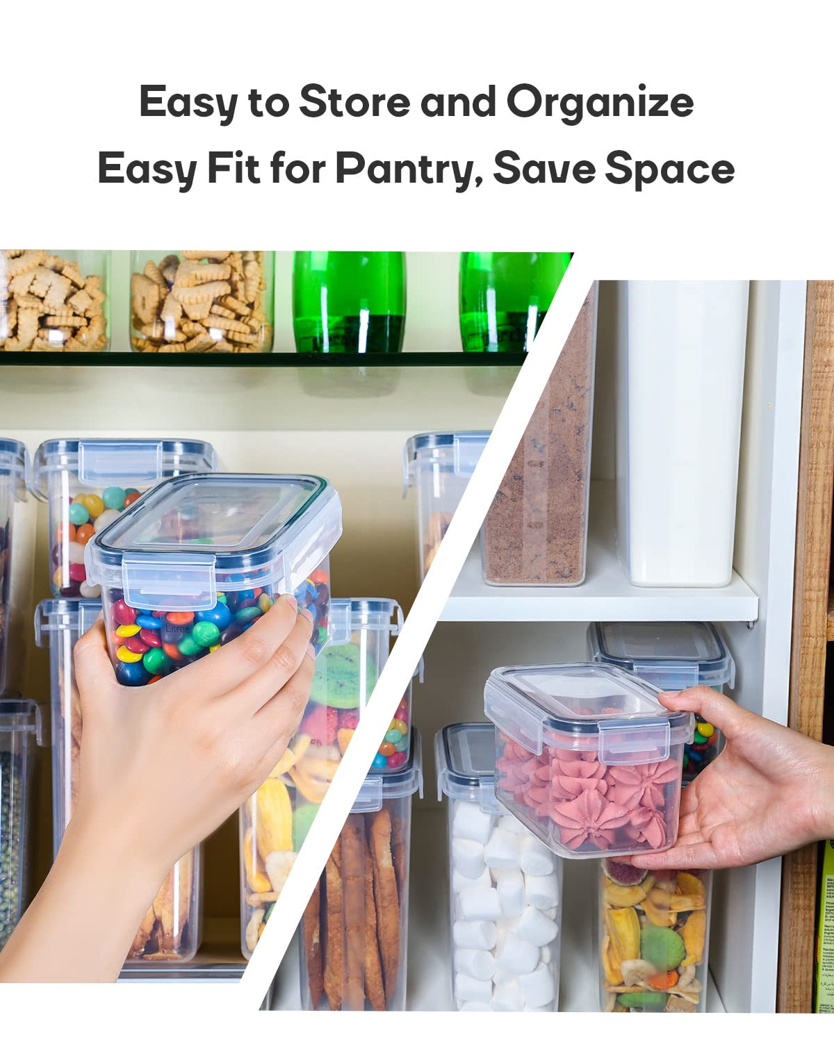 Airtight Food Storage Containers with Lids, Clear Pantry Canister Set for Kitchen Organization, Stackable Organizers for Flour, Sugar, Cereal, Rice, BPA Free Plastic 24 Pack with Different Sizes