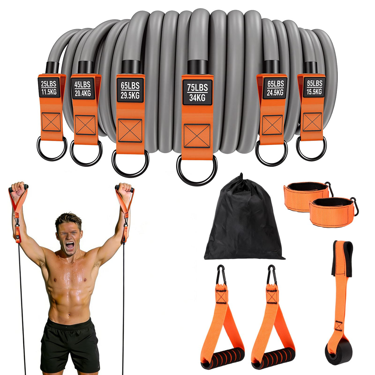 Exercise Resistance Bands Set with Handles, Ankle Straps & Door Anchor – 300LBS Heavy Duty Bands for Home Gym, Muscle Training, Physical Therapy, Yoga, Full Body Workout for Men & Women (Orange Gray)