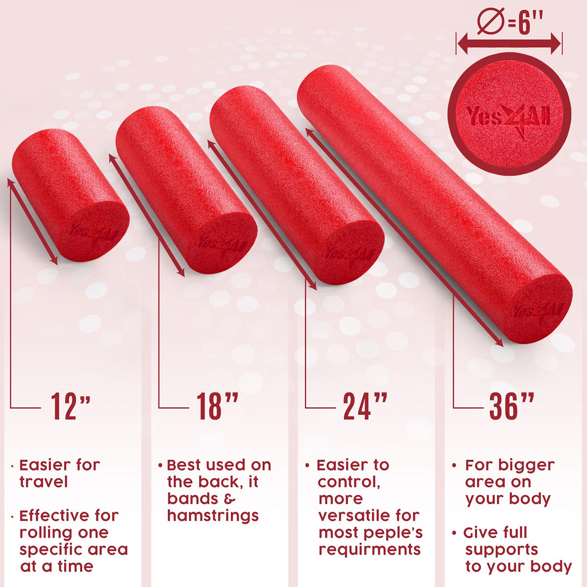 Yes4All Medium Firm Round PE Foam Roller 12, 18, 24, 36 Inches for Pilates, Yoga, Stretching, Balance & Core Exercises