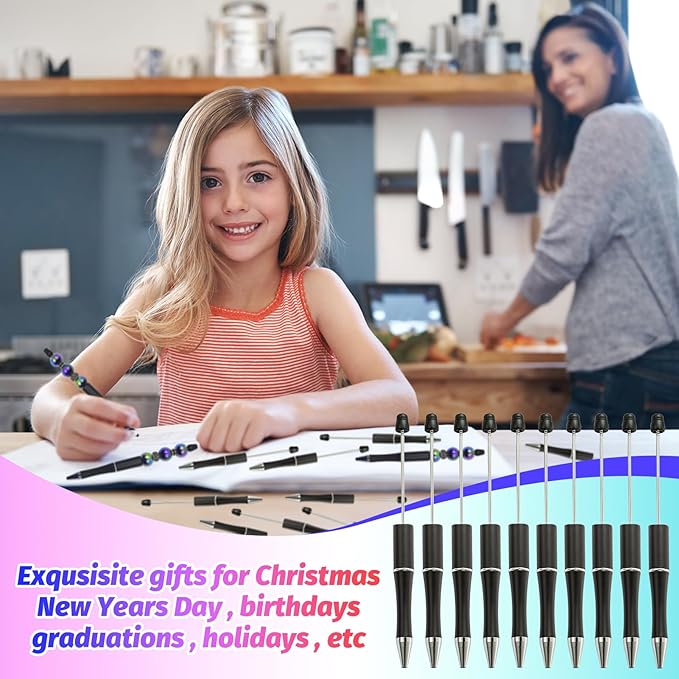 150 Pieces DIY Beadable Pen Kit – 50 Plastic Ballpoint Pens with Refills & Bags – School Supplies, Office Accessories & Decorative Items for Students & Teachers （Black）