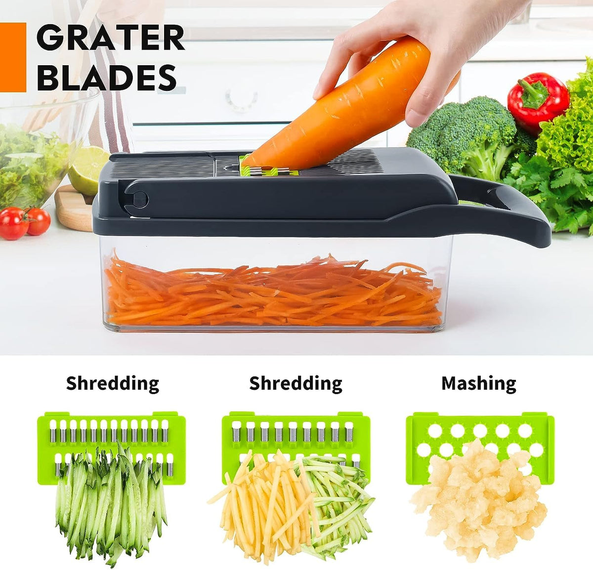 Vegetable Chopper, Pro Onion Chopper, 14 in 1Multifunctional Food Chopper, Kitchen Vegetable Slicer Dicer Cutter,Veggie Chopper With 8 Blades,Carrot and Garlic With Container (Gray) (Gray)