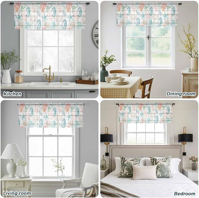 Teal Seahorse Starfish Sheer Valance Curtains, Summer Beach Coral Shell Board