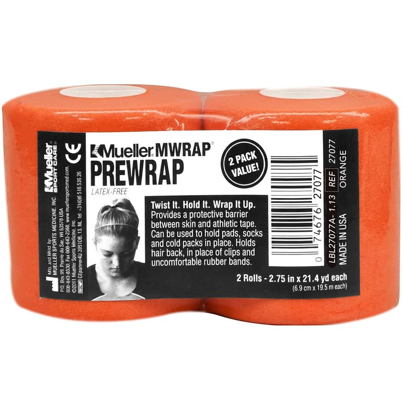 MUELLER Sports Medicine MWrap, Pre Wrap, Athletic Tape Underwrap for Sports, Hair, Ankles, Wrist, Hands and Knees, Water-Resistant, Latex Free, 2.75" x 21.4 Yards Per Roll, 2 Rolls, Orange