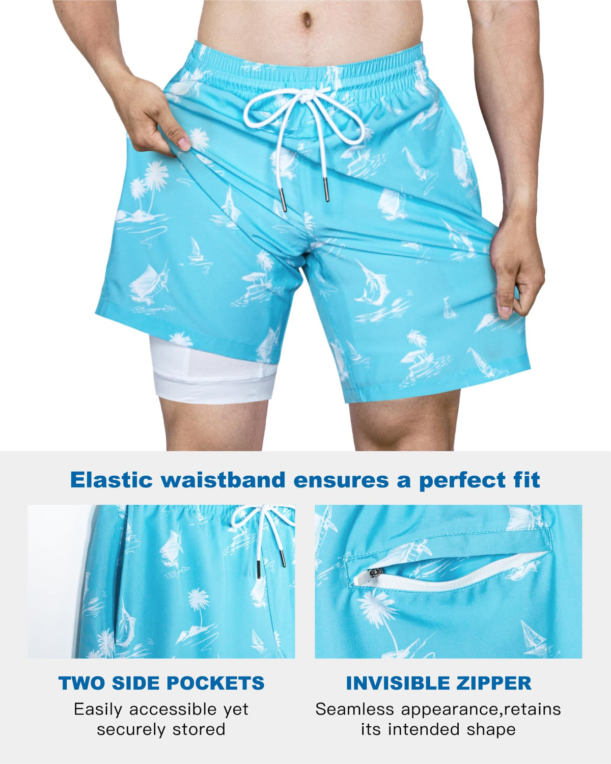 SURF CUZ Mens Swim Trunks with Compression Liner Quick Dry Swim Shorts 7" Swimming Trunks Stretch Bathing Suit 7 Inch,Marlin Leap,XXL