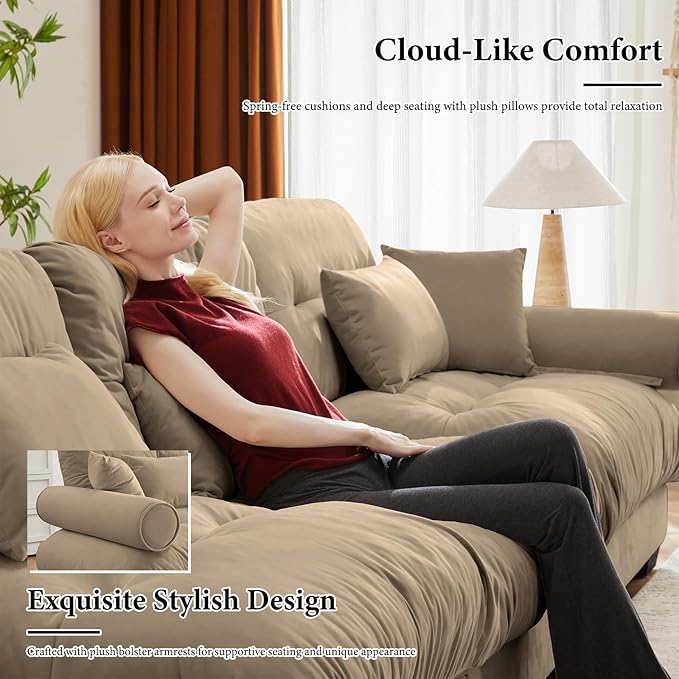 93.7" Loveseat Sofa, 2 Seater Modular Sectional Sofa, Camel Large U Shaped Sectional Couches for Living Room, Fluffy Couch, Love Seat, Velvet Cloud Couch with Ottoman, Deep Seat Sofas for Living Home