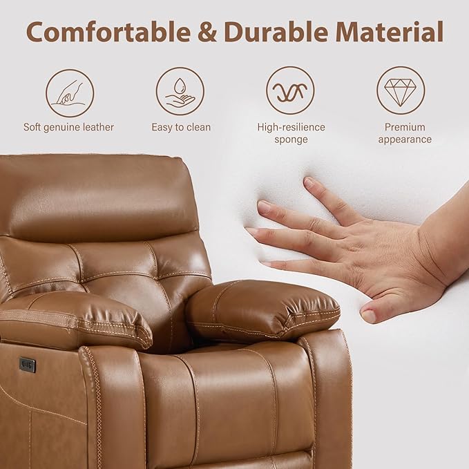 CANMOV Genuine Leather Power Recliner Sofa,3 Seater Reclining Sofa with Comfortable Arms and Back,Modern Electric Recliner Couch Set with Hidden Cup Holders,USB Port for Living Room,Brown