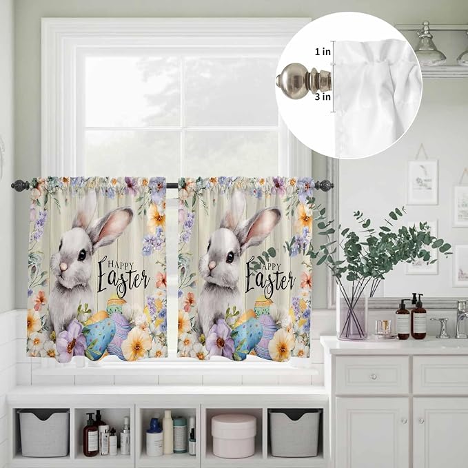 Easter Grey Bunny Kitchen Curtains Set 3 Piece