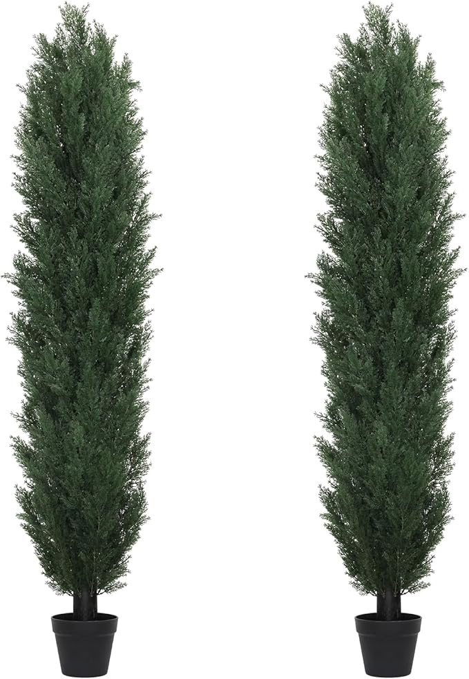 THE BLOOM TIMES 6ft Topiary Trees Artificial Outdoor Set of 2, UV Resistant Faux Cedar Pine Cypress Bushes & Shrubs, Fake Plants for Front Porch Outside Planter Patio Christmas Decor 6 Foot Tall