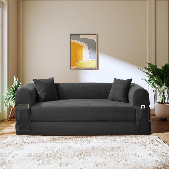 Convertible Folding Sofa Bed,80" Pull Out Couch with Pillows & Storage Pocket,Modular Futon Bed Corduroy Queen Sleeper Sofa in a Box,Compression Boneless Couch for Living Room,Deep Gray