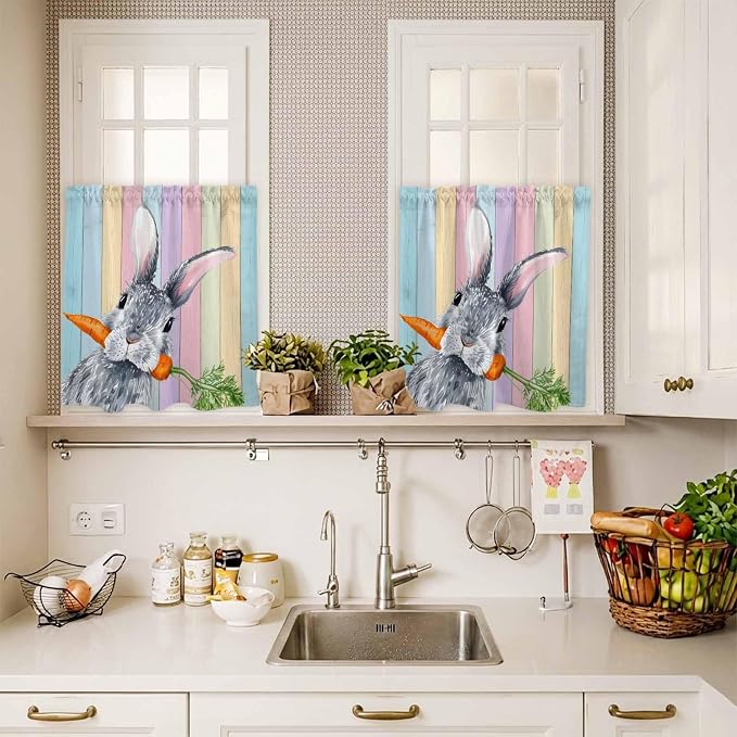 Easter Kitchen Curtain Set, Spring Grey Rabbit Carrots Colorful Wooden Plank