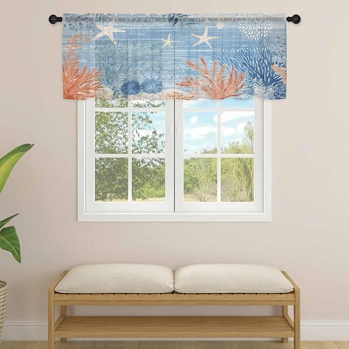 Ocean Corals Sheer Valance Curtains, Summer Beach Coral Sea Stars Blue Stripes