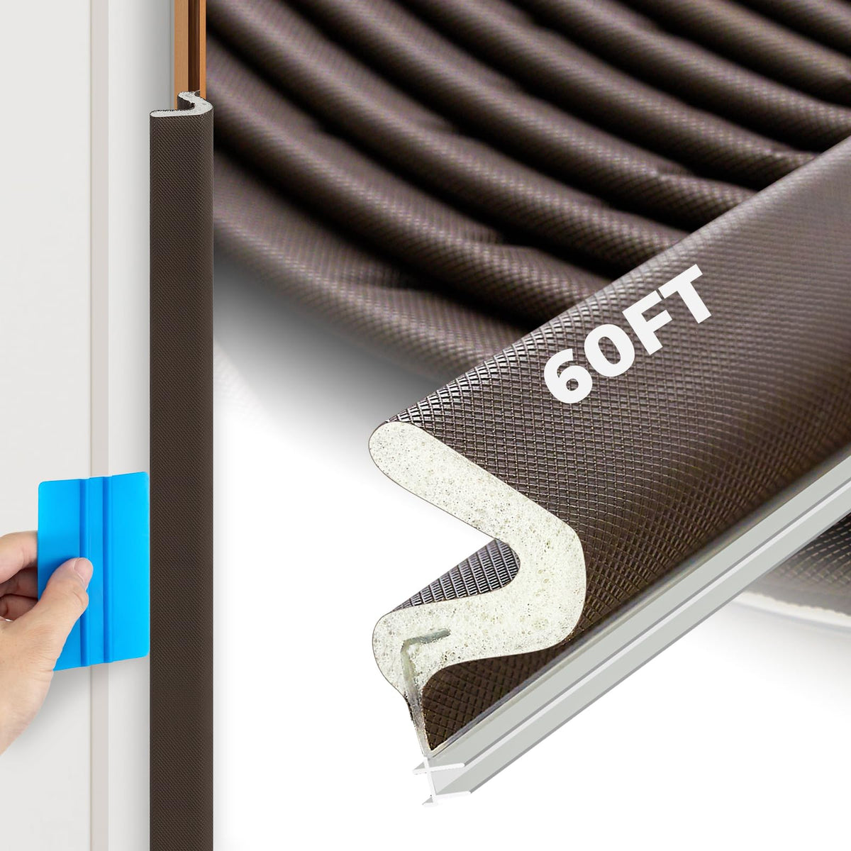 60FT Weather Stripping Door Seal, Kerf Style Foam Strip for Large Gaps, with Scraper Tool for Exterior and Interior Frames, Brown