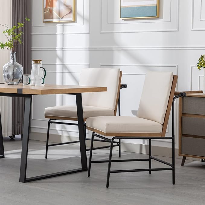 HEAH-YO Modern Dining Chairs Set of 6, PU Leather Upholstered Dining Chairs with Backrests, Armless Dining Room Chairs for Kitchen, Beige