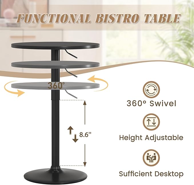 Shahoo Round Bar Table, Adjustable Height and 360° Swivel Bistro Pub Table, Cooktail Table for Bar, Bistro, Dining Room, Black