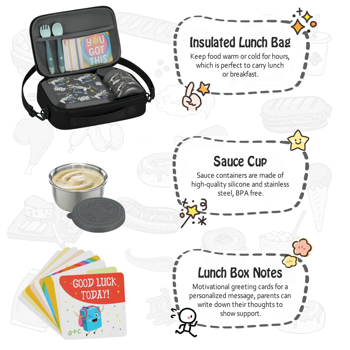 Itslife Bento Lunch Box Set for Kids with 12oz Soup Thermo&Lunch Bag, Leak-Proof Lunch Food Containers for Kids School, 5 Compartment, Sauce Cup, 10 Notes (Grey Dinosaurs)