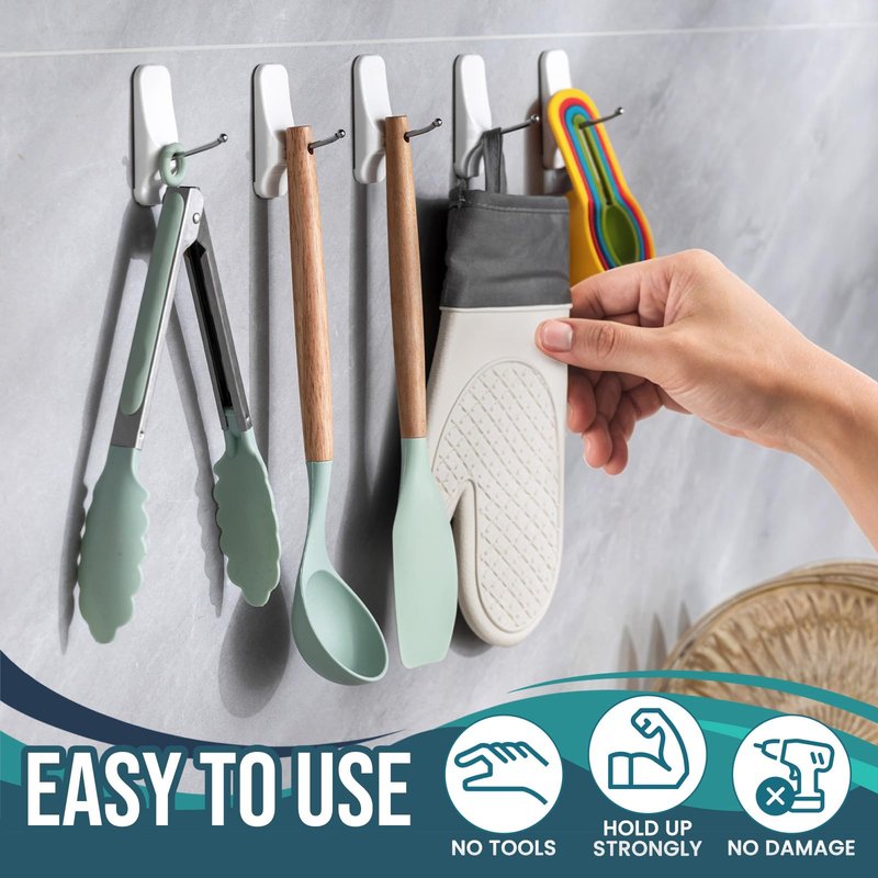 TAILI Hooks for Hanging,6 Wire Sticky Hooks and 8 Adhesive Strips, White Utility Hooks for Painted Wall, No Damage Heavy Duty Holds up to 3 lb, Removable & Reusable for Door, Dorm, Clothes, Kitchen