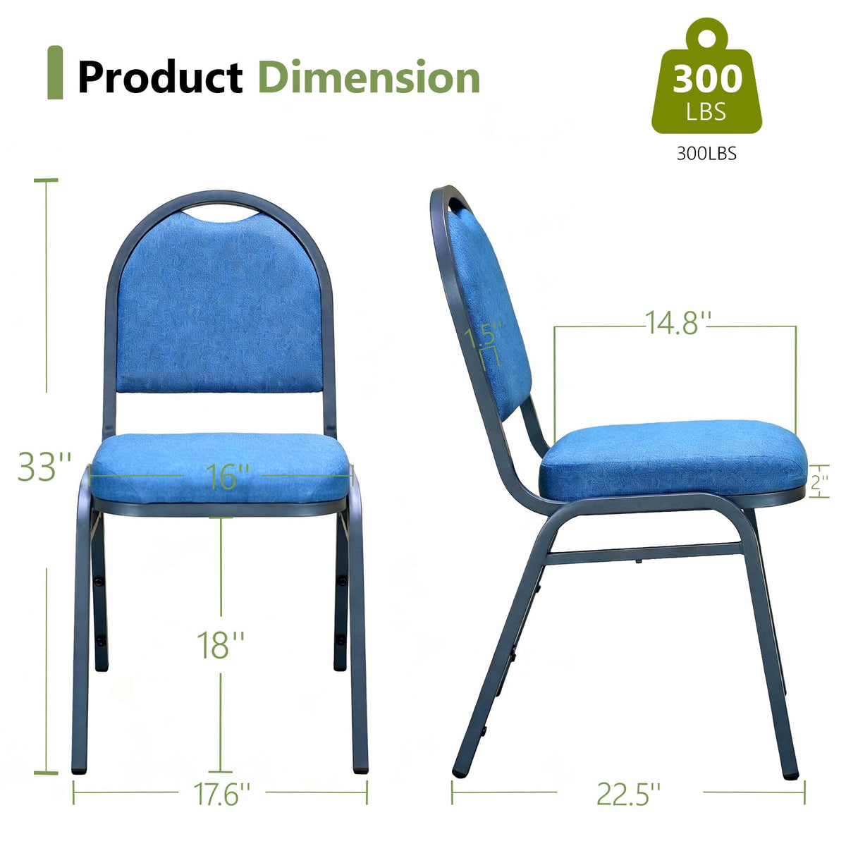 MAKE CHANGES Stackable Banquet Dining Chairs 4 Pack, Upholstered Crown Back Event Chairs with Blue Fabric Seat, Heavy Duty Steel Frame, 300 lb Capacity, No Assembly, for Restaurant Wedding Conference