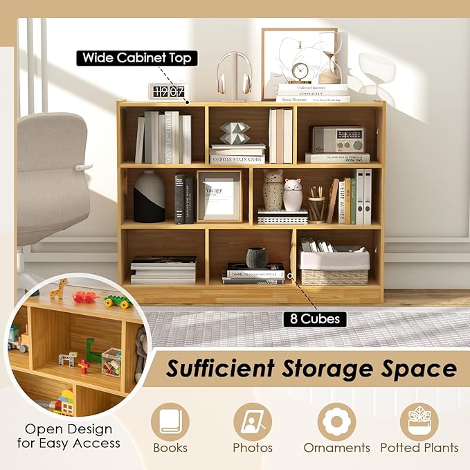 NAFORT 8-Cube Organizer Storage Cabinet, 3-Tier Bookshelf,Low Displaycase, Wooden Bookcase for Bedroom/Preschook/Classroom/Office, Burlywood