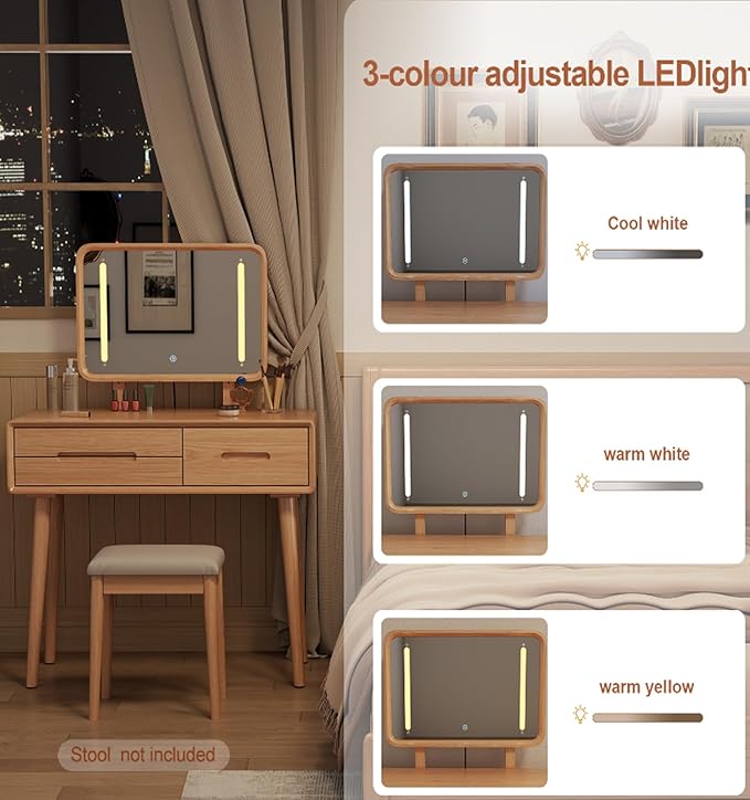 Soild Wood Vanity Table 40 IN with Light Mirror High Adjustable, Make Up Desk Large Dressing Table 3 Lighting Modes, Makeup Vanity 3 Drawer Dresser Vanity Table Wooden for Checkroom Apartment Bedroom