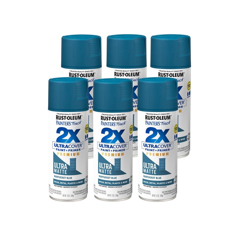 Rust-Oleum 331188-6PK Painter's Touch 2X Ultra Cover Spray Paint, 12 oz, Ultra Matte Nantucket Blue, 6 Pack