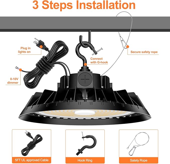 3Pack LED High Bay Lights, 240W UFO High Bay LED Shop Lights, 36000LM Adjustable CCT(5700K 5000K 4500K) & Power(240W 200W 150W), 0-10V Dimmable, 5' Cable Plug, IP65 Waterproof, ETL & DLC Listed