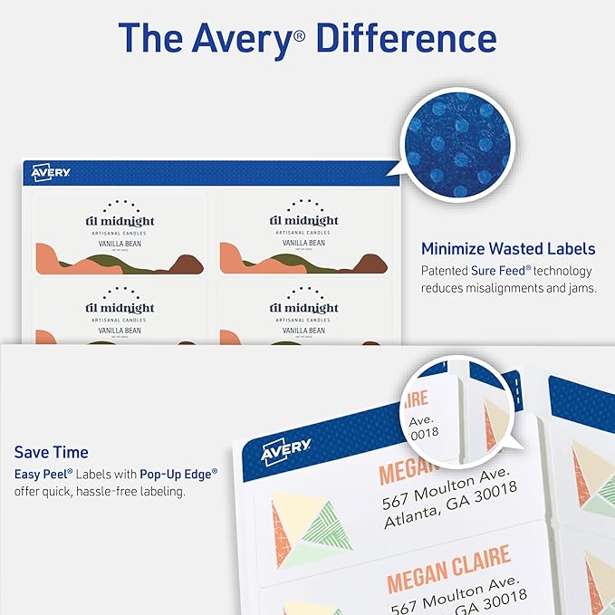Avery Printable Shipping Labels with Sure Feed, 2" x 4" Customizable Stickers, Matte Clear, 1,250 Blank Mailing Labels Total, Great for Mailing, Shipping, and More (5-Pack of 8663)